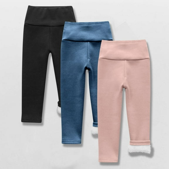 3 Pack Girl's Fleece Lined Leggings Youth High Waist Warm Winter Athletic Yoga Pants with Pocket Black 2 Years