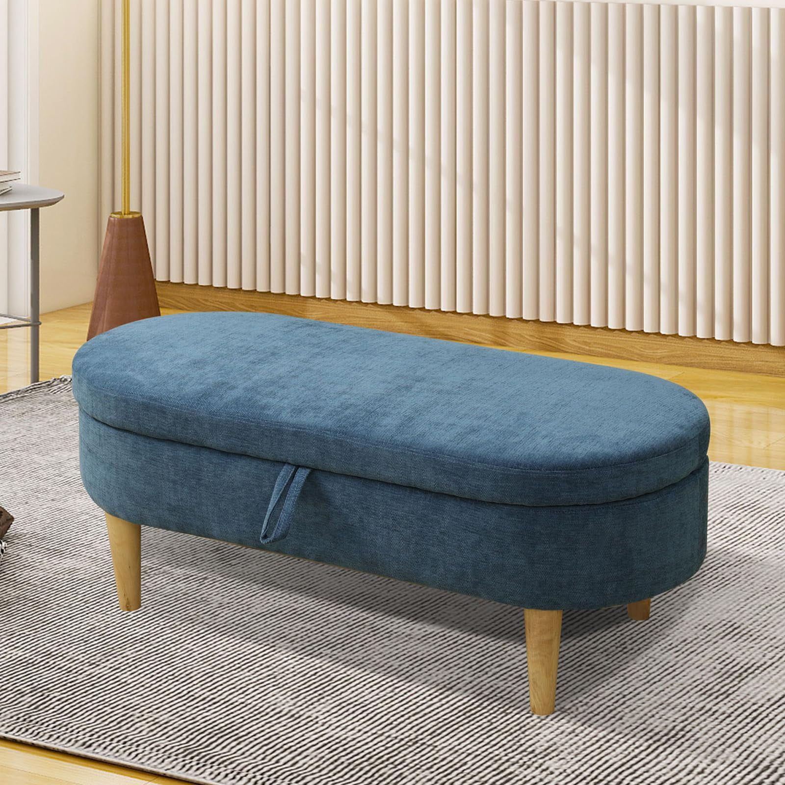 Blue Fur Cloth Storage Ottoman Bench - Long End of Bed Bench for Living Room