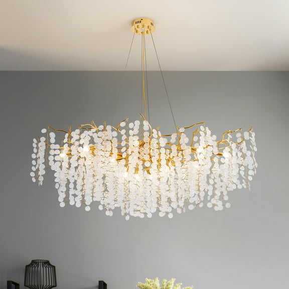 Modern Gold Crystal Chandelier Frosted Tree Branch Chandelier Large Rectangular Kitchen Island Hanging Light Fixture for Dining Room, High Ceiling,Foyer
