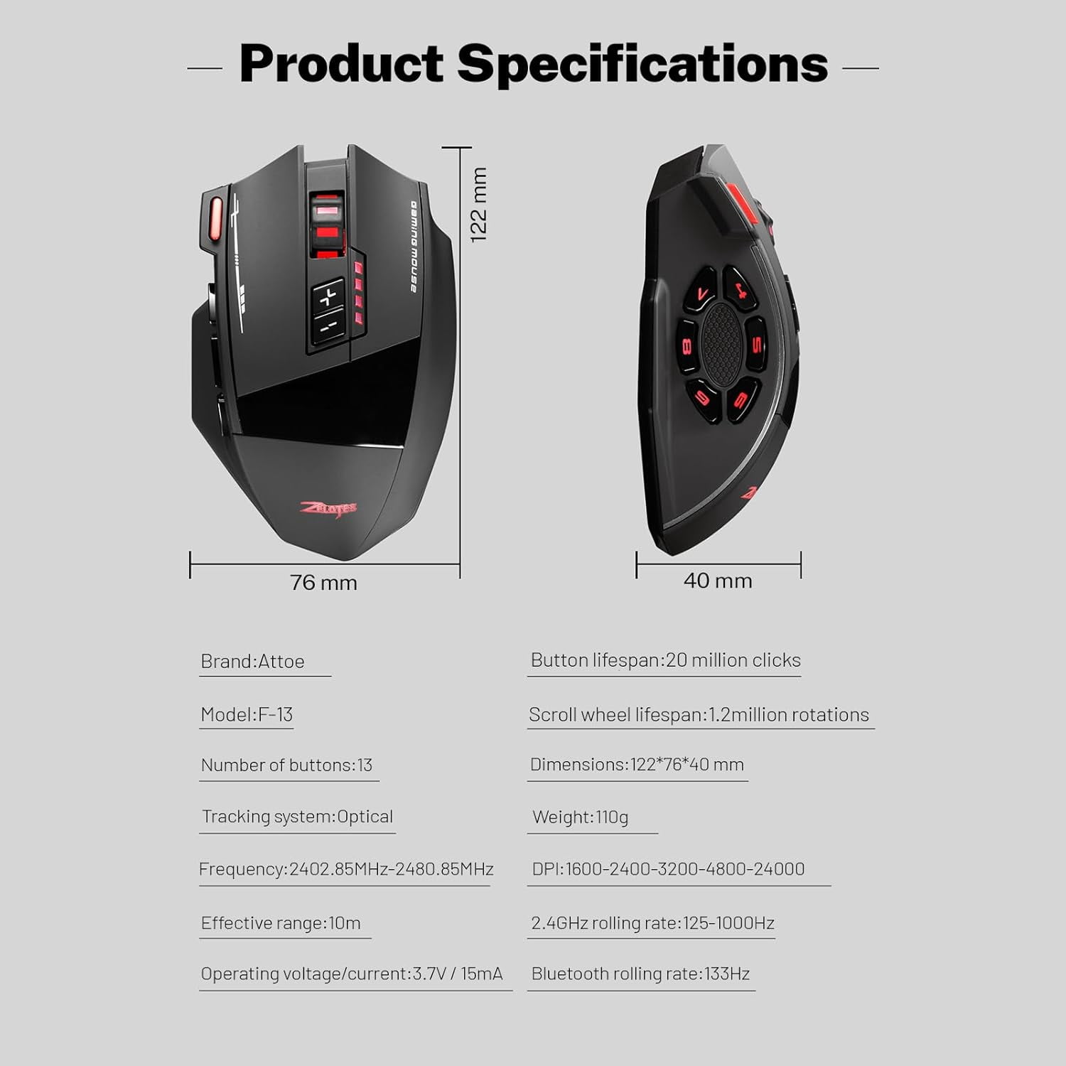 Wireless RGB Gaming Mouse, 2.4G Bluetooth Dual Mode Mouse with 24000 DPI PMW-3311 Sensor, 13 Macro Programmable Buttons, 50Hr Rechargeable Ergonomic Mouse for PC Laptop FPS MOBA (Black)