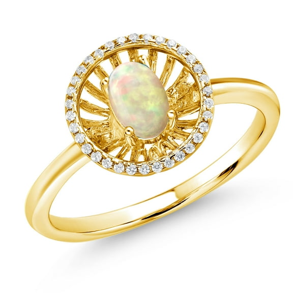 Gem Stone King 18K Yellow Gold Plated Silver White Ethiopian Opal Ring for Women (0.80 Cttw, Oval Cabochon 6X4MM, Gemstone Birthstone, Size 8)