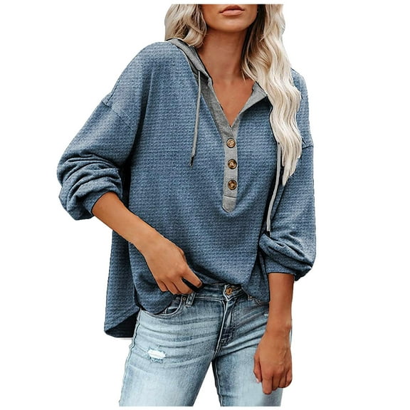 BSDJILFG Waffle Sweatshirts for Women Color Block Long Sleeve Button Up Patchwork Loose Fit Tunic Blouse