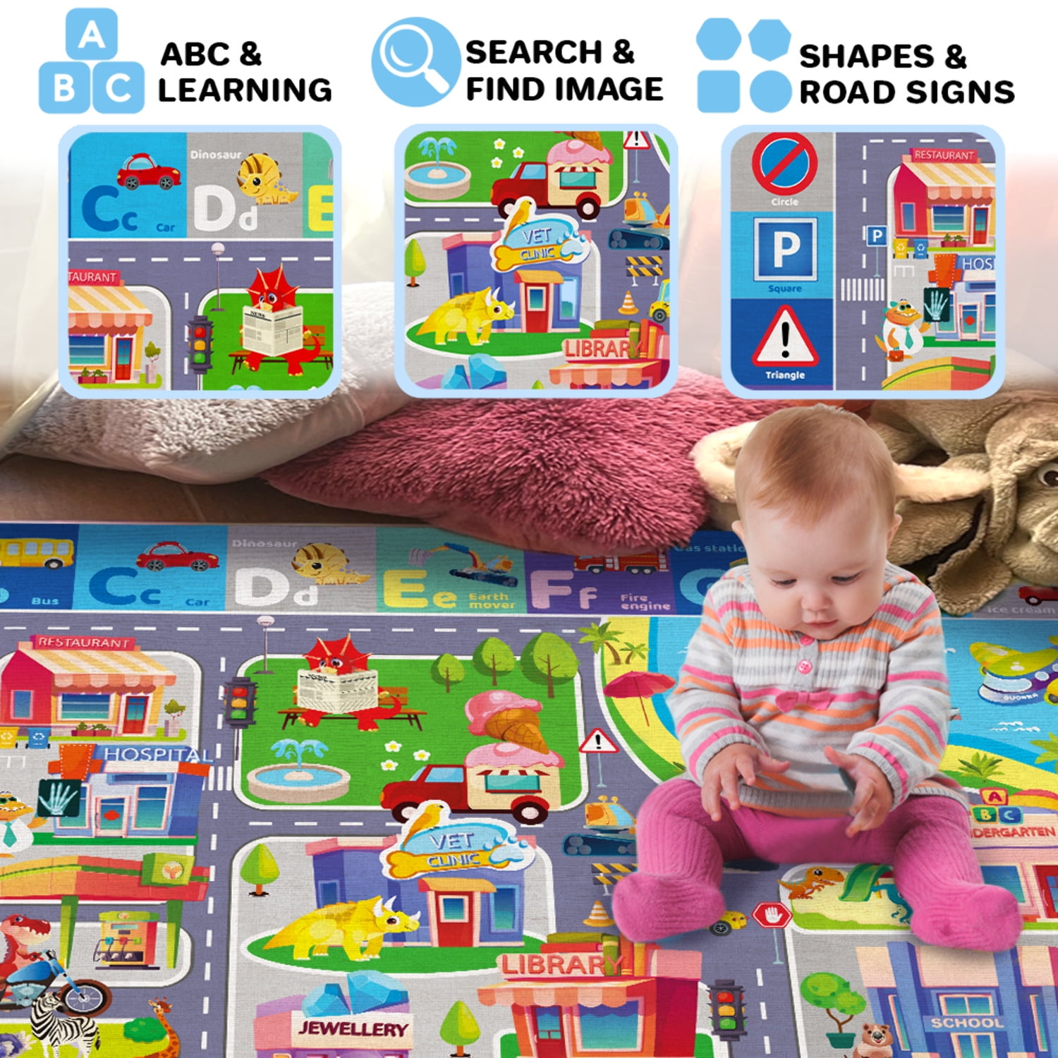 QUOKKA Floor Large Nursery Rug for Babies - Foldable Padded Non-Slip Rug with City for Kids Toddlers & Infants