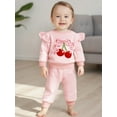 thumbnail image 6 of Qmyliery Toddler Baby Girl Fall Outfits Goose/Bow Cherry Embroidered Striped Long Sleeve Tops with Pants 2 Pcs Set, 6 of 9