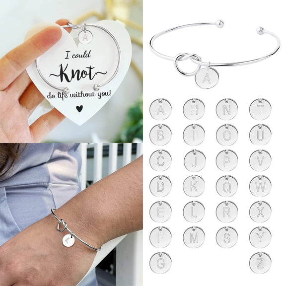 HmNPlay Love Knot Initial Bangle Bracelet Personalized Alphabet Disc Cuff Monogram Jewelry Gift for Women Wife Mom Valentine's Day Anniversary Birthday Adjustable