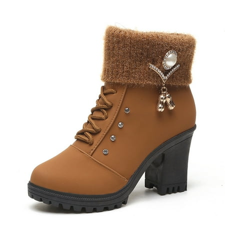 

Women‘s Knit Spliced Lace-up Detail Zip Side Chunky Heeled Boots