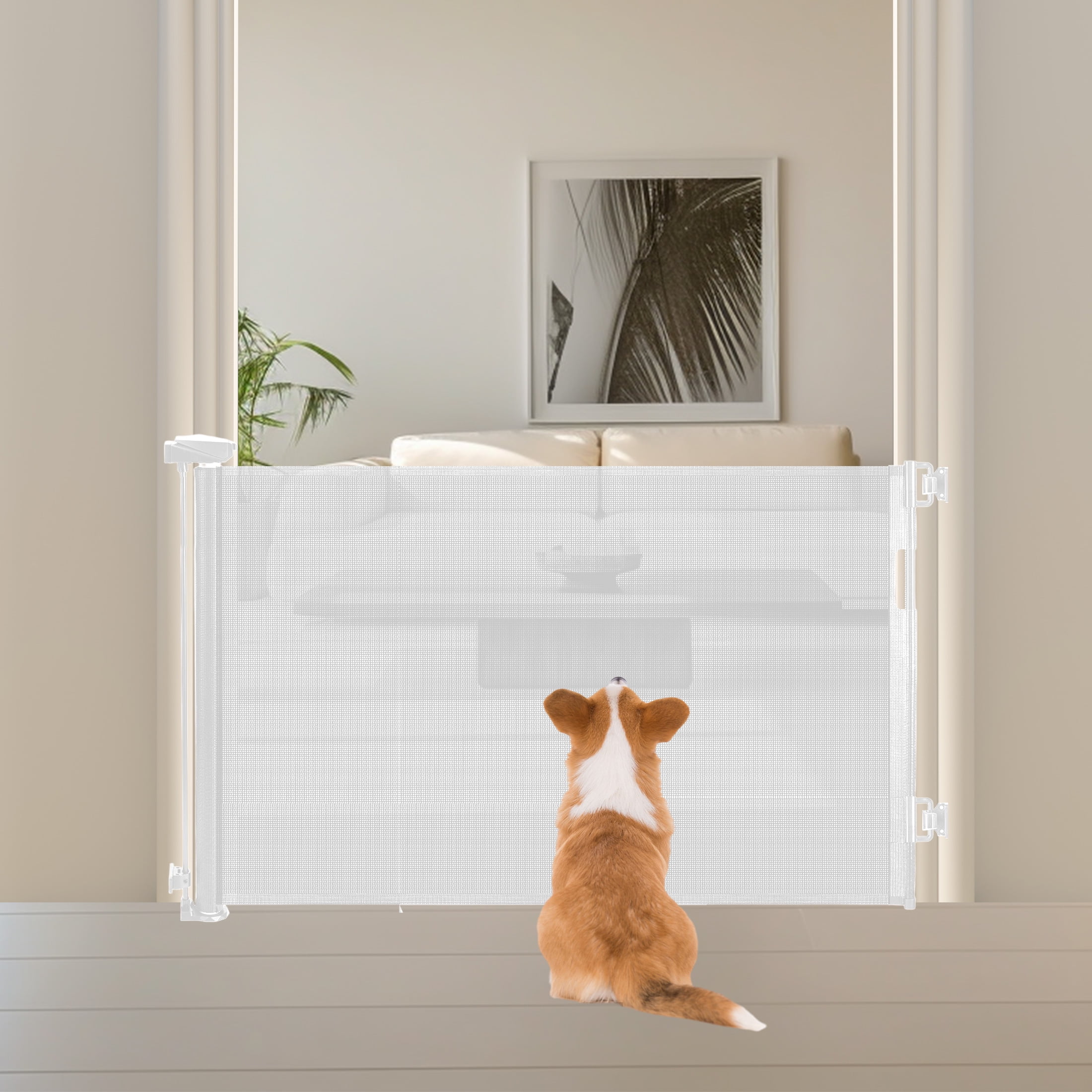 HioHa Hardware-Mounted Baby Gate, 59" Retractable Safety Gate with Auto-Lock Mesh Barrier for Stairs & Doorways, Child Proof,White