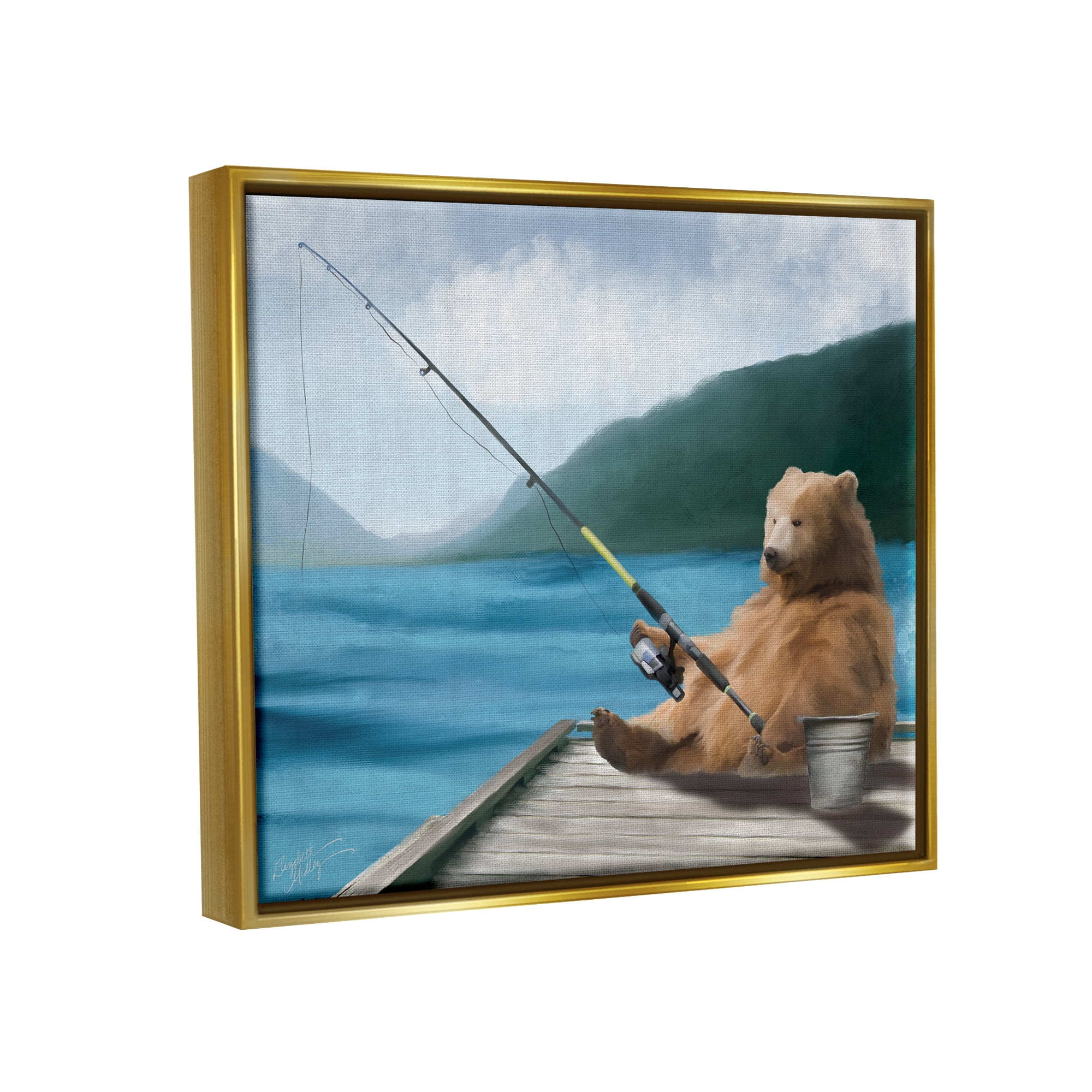 Stupell Bear Fishing Pole Lake Dock Animals & Insects Painting Gold Floater Framed Art Print Wall Art