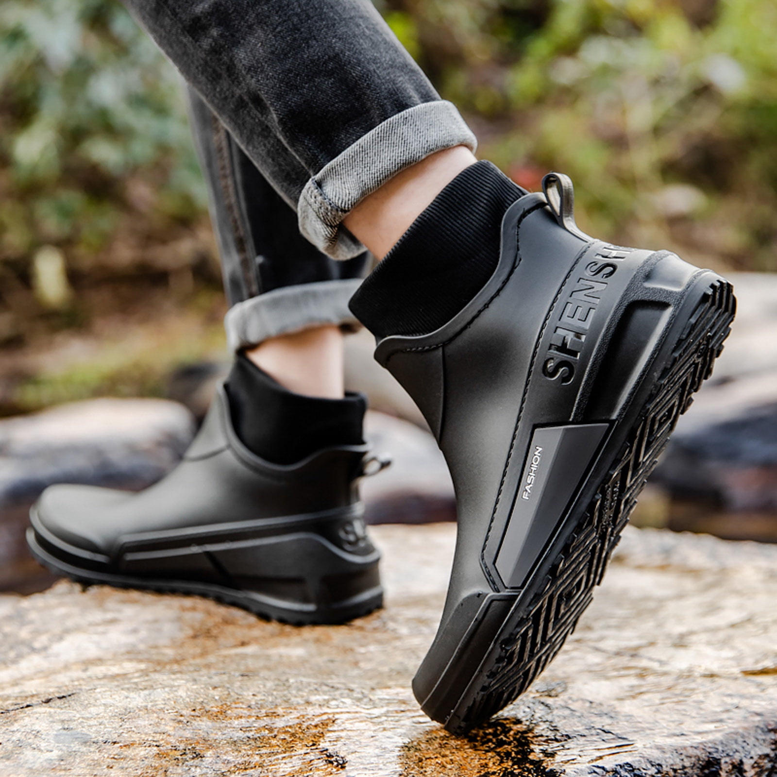 Pandaie Women's Deck Boots Waterproof Ankle Rain Boots Outdoor Fishing Garden Shoes Lightweight Anti Slip Work Rainboots Booties Black 7.5