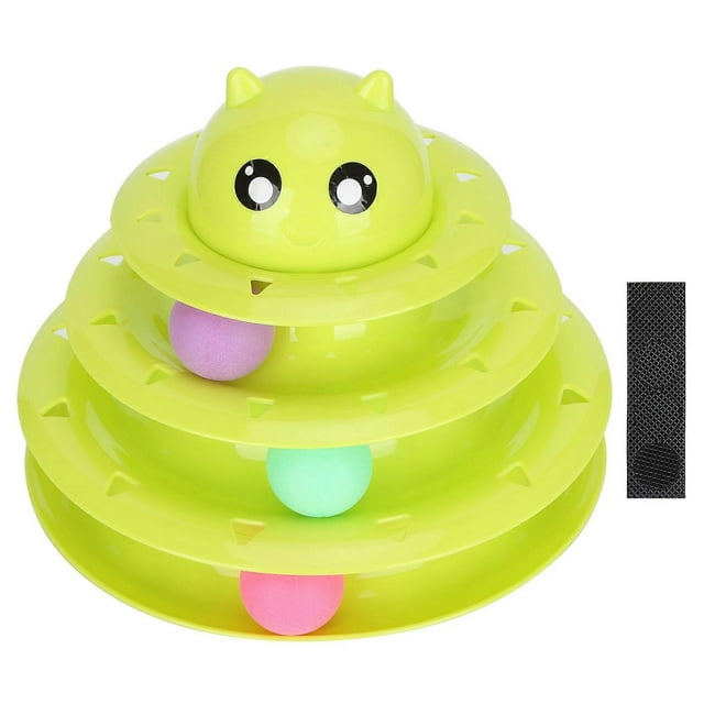 Cat 3 Level Tower with 3 Rolling Balls AntiSlip Pet Interactive Tracks Playing Toy(Green )