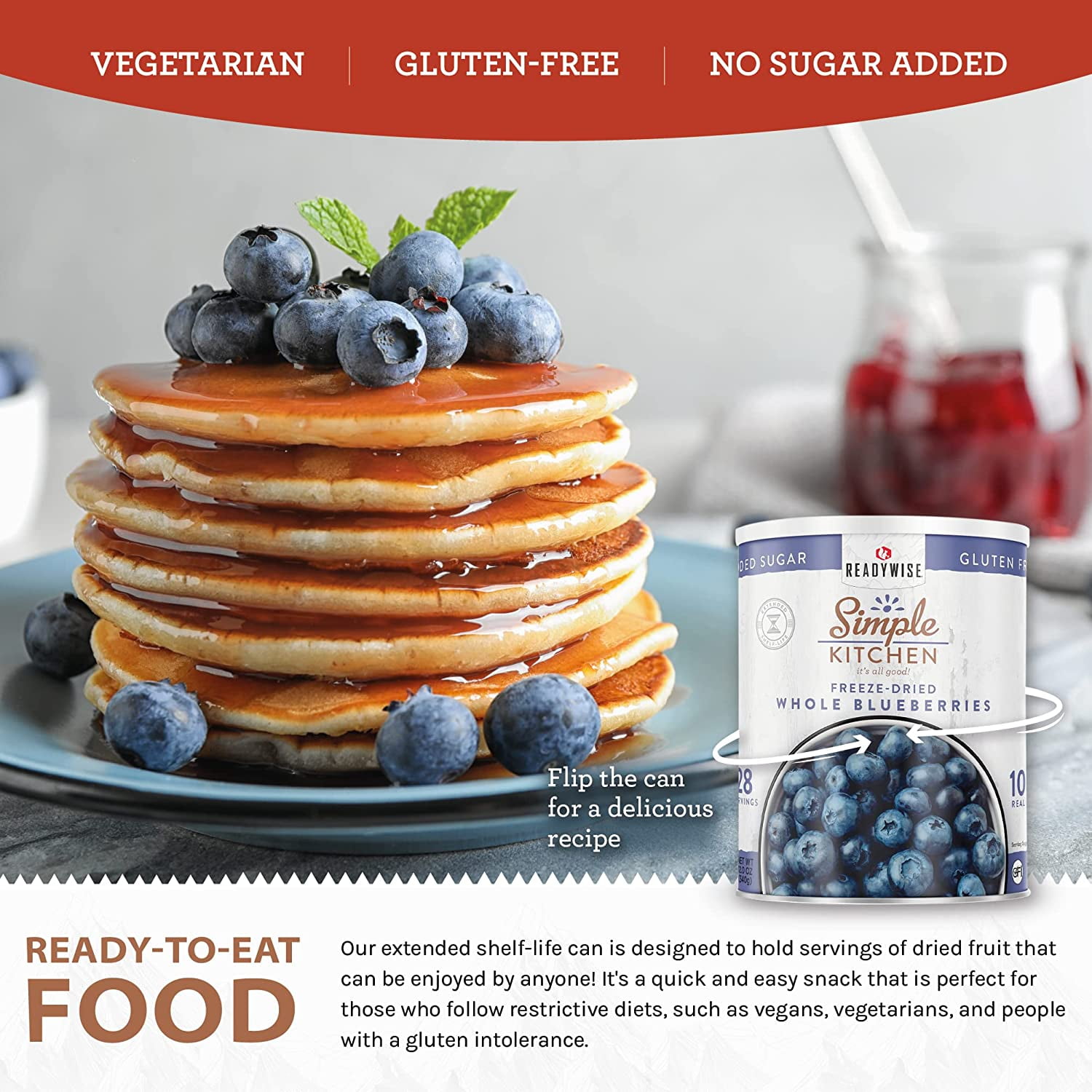 ReadyWise Dehydrated Blueberries for Smoothies & Snacks, 28 Servings