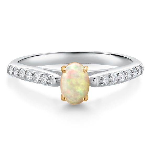 Gem Stone King 10K White and Yellow Gold White Ethiopian Opal and White Lab Grown Diamond Engagement Ring for Women (0.50 Cttw, Oval Cabochon 6X4MM, Gemstone Birthstone, Size 9)
