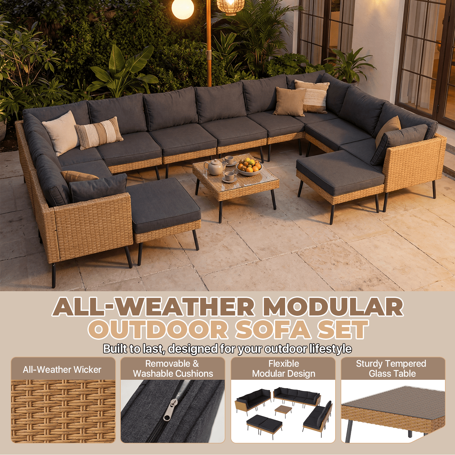 BaPiPro 13-Piece Outdoor PE Rattan Sectional Sofa Set, All-Weather Patio Conversation Set with Cushions & Tempered Glass Coffee Table, Suitable for Courtyard, Backyard and Garden, Black