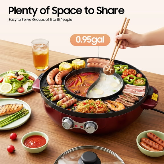 2-in-1 Electric Roasting Pan and Hot Pot 2200W 16.5" Grill with 0.95Gal Dual Compartment Hotpot for Family Gatherings