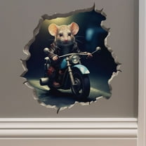 Motorcycle Mouse in Mouse Hole Decal - Mouse Hole 3D Wall Sticker