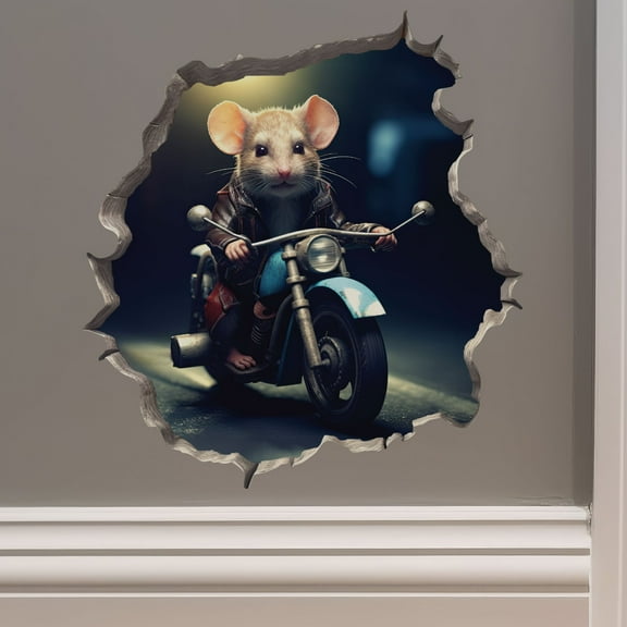 Motorcycle Mouse in Mouse Hole Decal - Mouse Hole 3D Wall Sticker