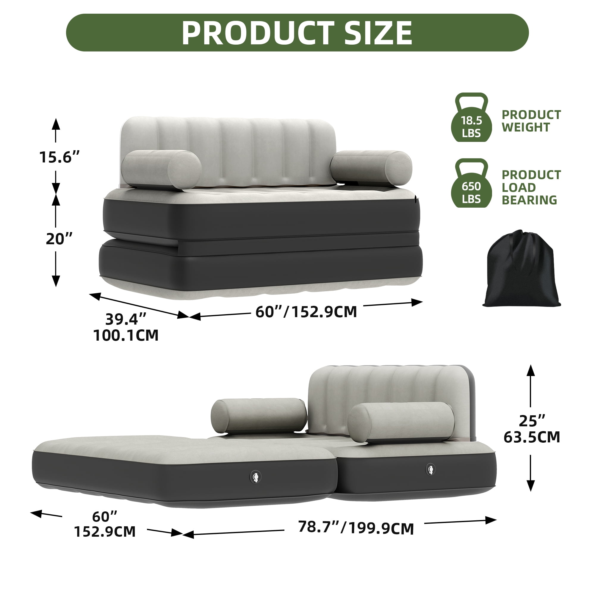 Uforic Queen Size Air Mattress with Built-in Air Pump, Black Bed Skirt and Gray Top Including Repair Kit and Storage Bag, Supports Inflation/Deflation