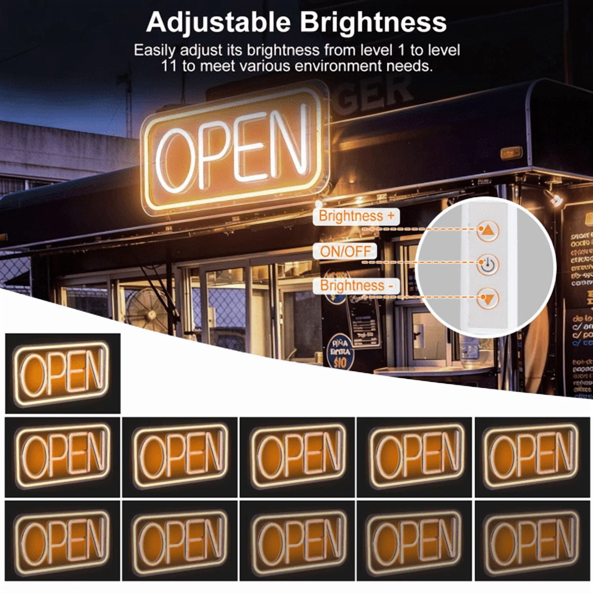 LED Neon Open Sign, Dimmable Business Store Front Light Sign with Controller & Hanging Chain, Dual‑Color Lighting for Cafe, Restaurant, Salon Indoor Use