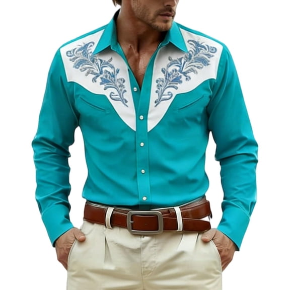 IROINNID Men Western Floral Embroidery Contrast Yoke Turndown Collar Long Sleeve Button Down Shirt, Vintage Cowboy Casual Dress Top for Party Stage Daily Western Style Outfit(Sky Blue,XL)
