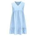 thumbnail image 4 of Flowy Dresses with Sleeves for Women Petite Sleeveless Ruffle Tiered Layered V Neck Smock Gauze Dresses Cotton Linen Knee Length Modest Short Dresses Light Blue M, 4 of 5
