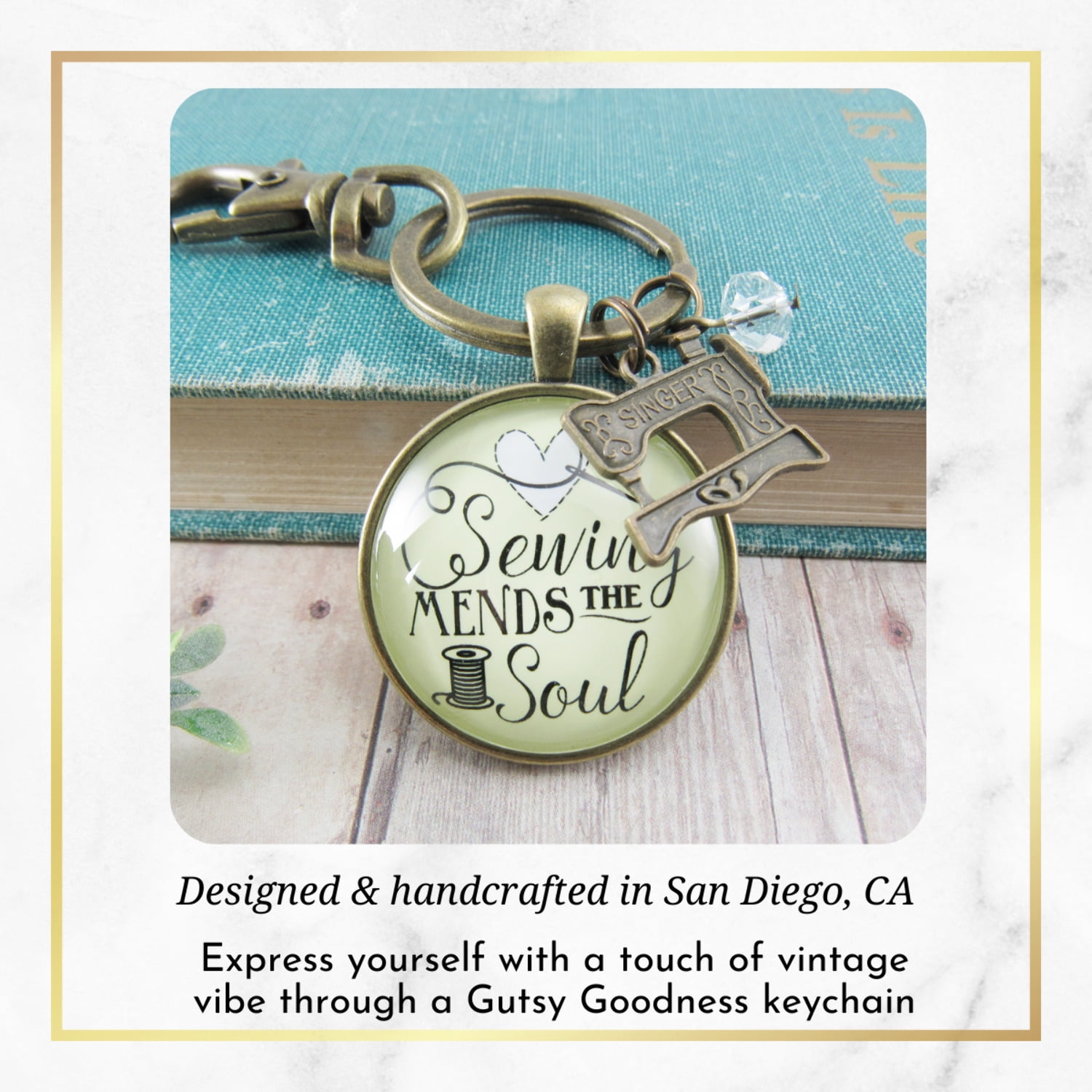 Sewing Keychain Gutsy Goodness Mends the Soul Seamstress Key Ring Bronze Metal Adult Female Jewelry Machine Charm