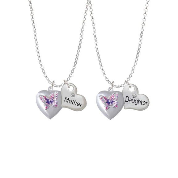 Delight Jewelry Silvertone Pink & Purple Butterfly Locket Mother & Daughter Heart Necklaces (Set of 2), 19" 2"