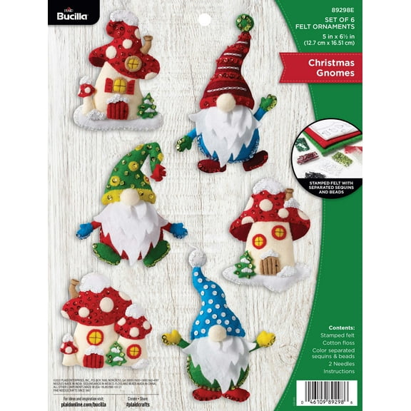 Bucilla Felt Applique DIY Christmas Ornament Kit, Christmas Gnomes, Set of 6