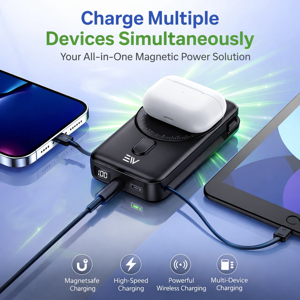 Electronic World 10000mAh MagSafe Power Bank,Magnetic Wireless Portable Charger for iPhone & Apple Watch,Built In Cables Kickstand,Wireless Battery Pack,Portable iPhone Charger
