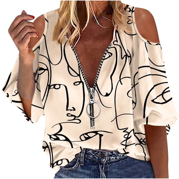 Camisa sexy de verano para mujer Blusa con hombros descubiertos Blusa con estampado de cremallera de media manga OAVQHLG3B Store lin121212