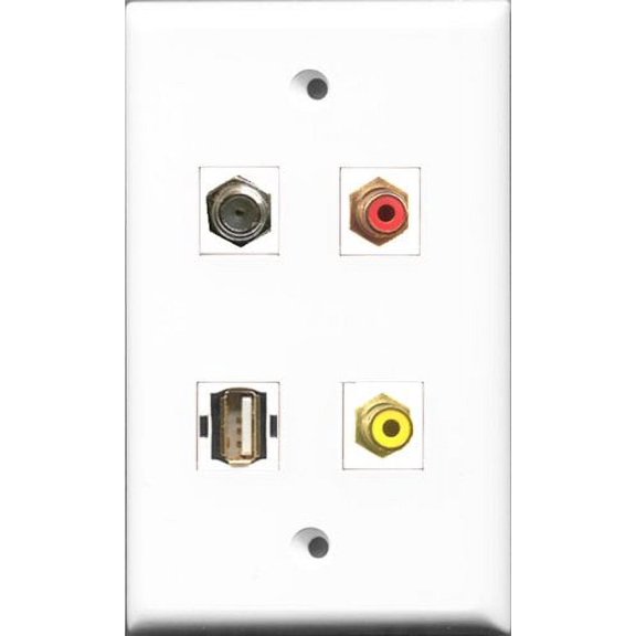 RiteAV 1 Port RCA Red and 1 Port RCA Yellow and 1 Port Coax Cable TV- F-Type and 1 Port USB A-A Wall Plate