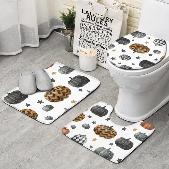 Gray and Orange Halloween Pumpkins Bathroom Rugs Sets 3 Piece,Toilet Cover Set,Absorbent Non Slip Bathroom Mats Sets with U-Shaped Contour Rug Toilet Rug Set