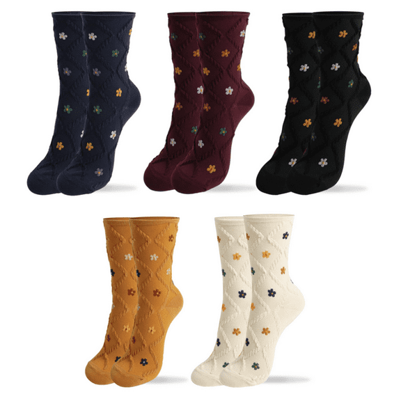 5 Pairs Women's Cotton Crew Socks - Cute Flower Graphic Polka Dot Striped Heart Patterned - Ladies Girls Casual Socks Size 6-8