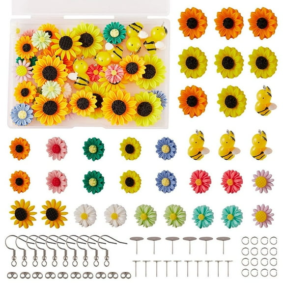 1box Sunflower Earring Making Kit Including Resin Cabochons & Pendants 304 Stainless Stud Earring Findings 316 Surgical Stainless Steel Earring Hooks Mixed color 126pcs/box