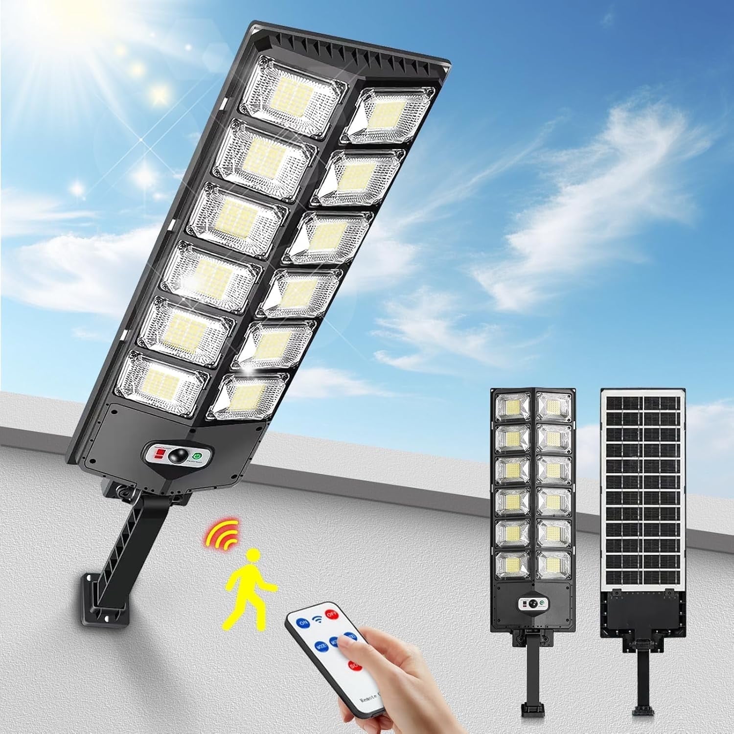 Super Bright 10000LM Solar Street Lights with Motion Sensor, Remote Control, Dusk to Dawn Outdoor Security Lights for Garden, Yard, Patio, Parking Lot - Energy Efficient, Weatherproof, Easy Installat