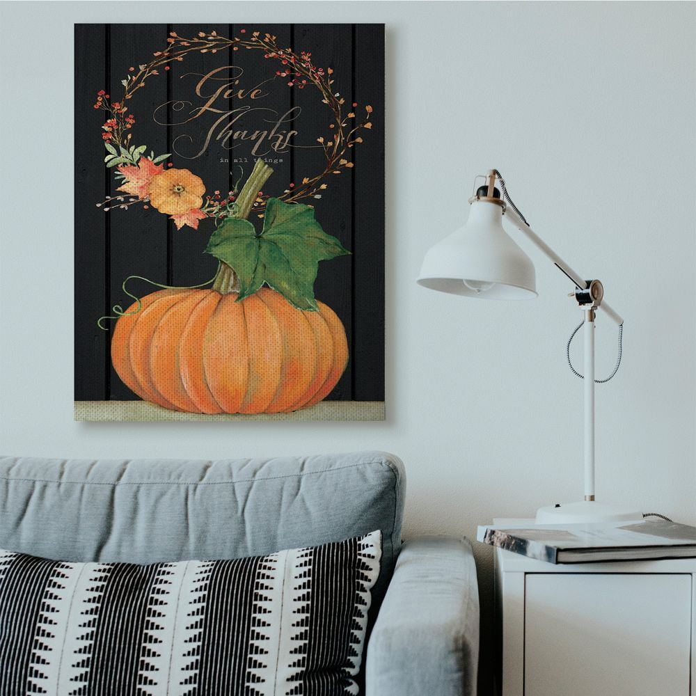 Stupell Industries Give Thanks Pumpkin Fall Autumn Seasonal Design Canvas Wall Art by Stephanie Workman Marrott