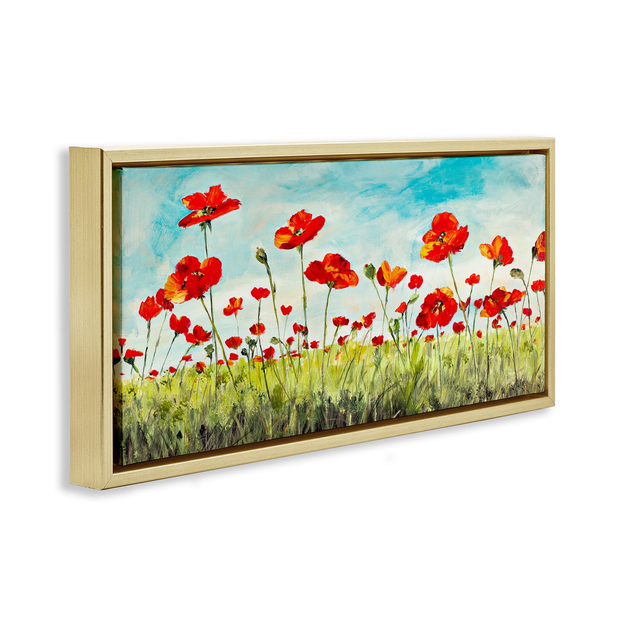 Stupell Industries Bright Red Poppies Meadow Botanical & Floral Painting Gold Floater Framed Canvas Art Print Wall Art, 25 x 11