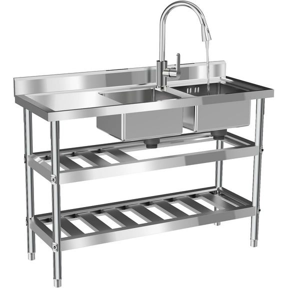 Miumaeov Stainless Steel Utility Sink 47.3in Double Bowl Freestanding Commercial Restaurant Kitchen Sink w/Faucet & Drainboard
