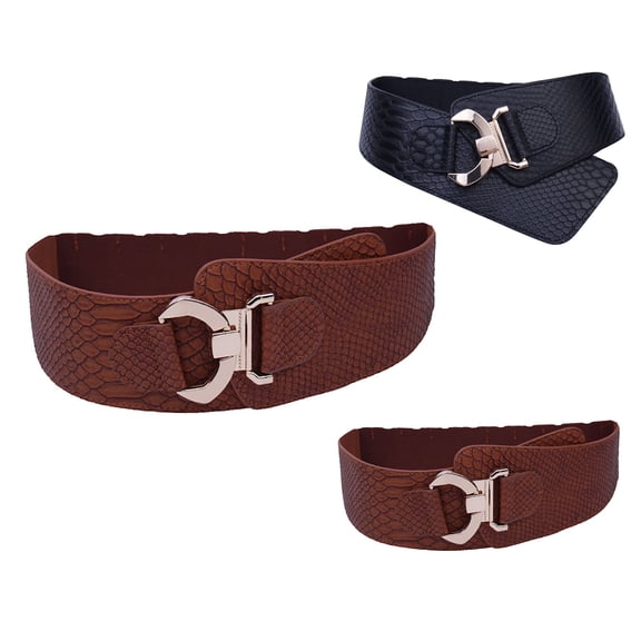 Womens Wide Elastic Belt with Decorative Buckle Stretch Faux Leather Waistband for Dresses