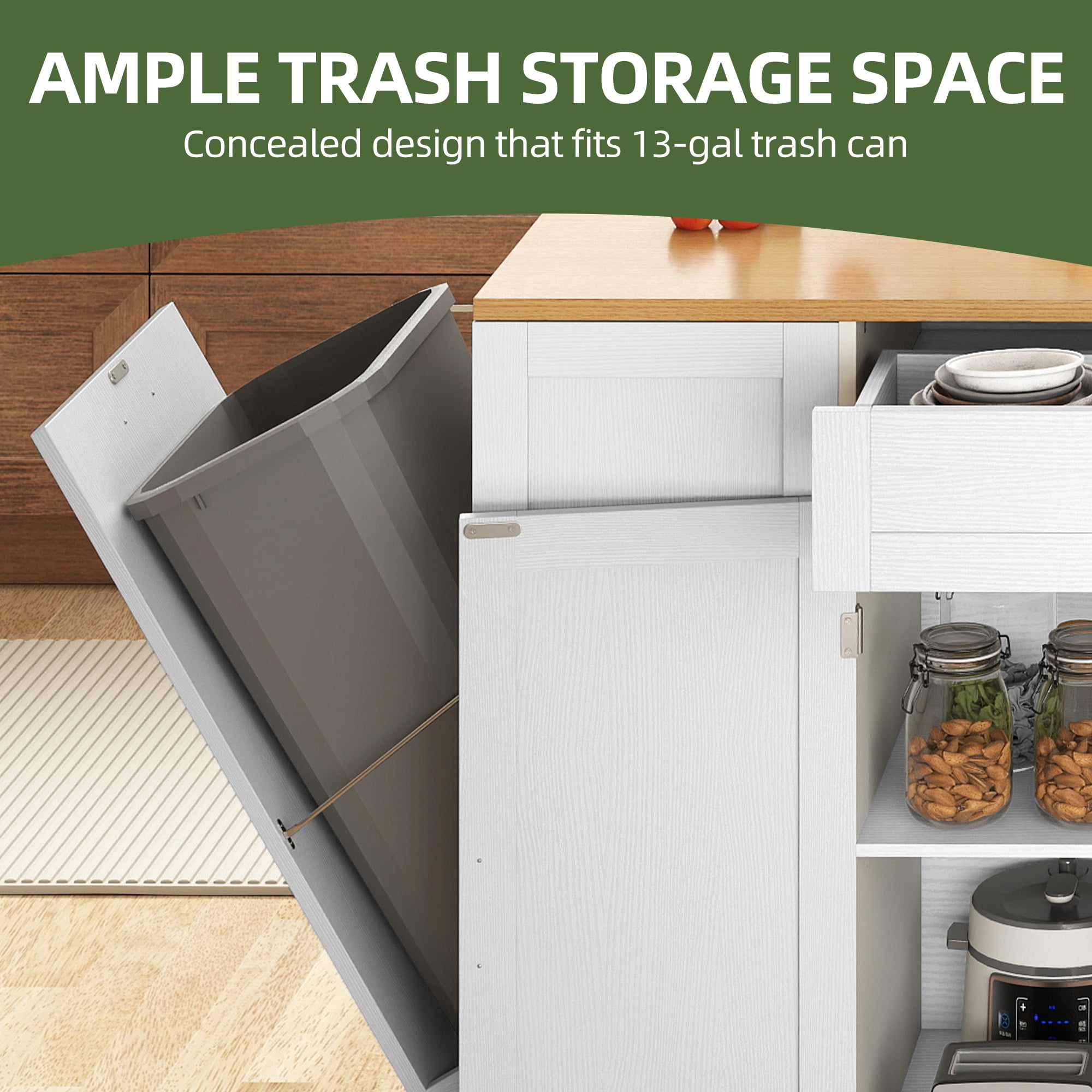 Uforic Extendable Kitchen Island with Power Outlets & 2 Stools, Kitchen Island Cart with Trash Storage Compartment, White