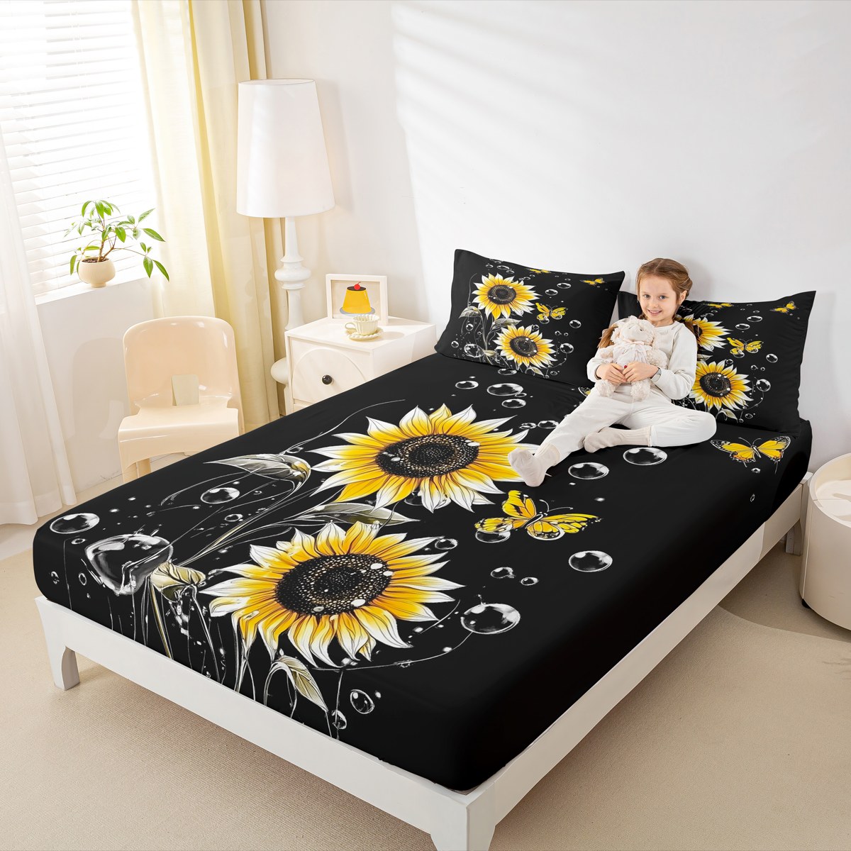 Homewish Cartoon Sunflower Teen Twin Sheet Sets, Dreamy Butterfly Animal Twin Fitted Sheet, Rustic Plant Botanical Flat Sheet, Super Cozy Room Decor, 3 Pieces