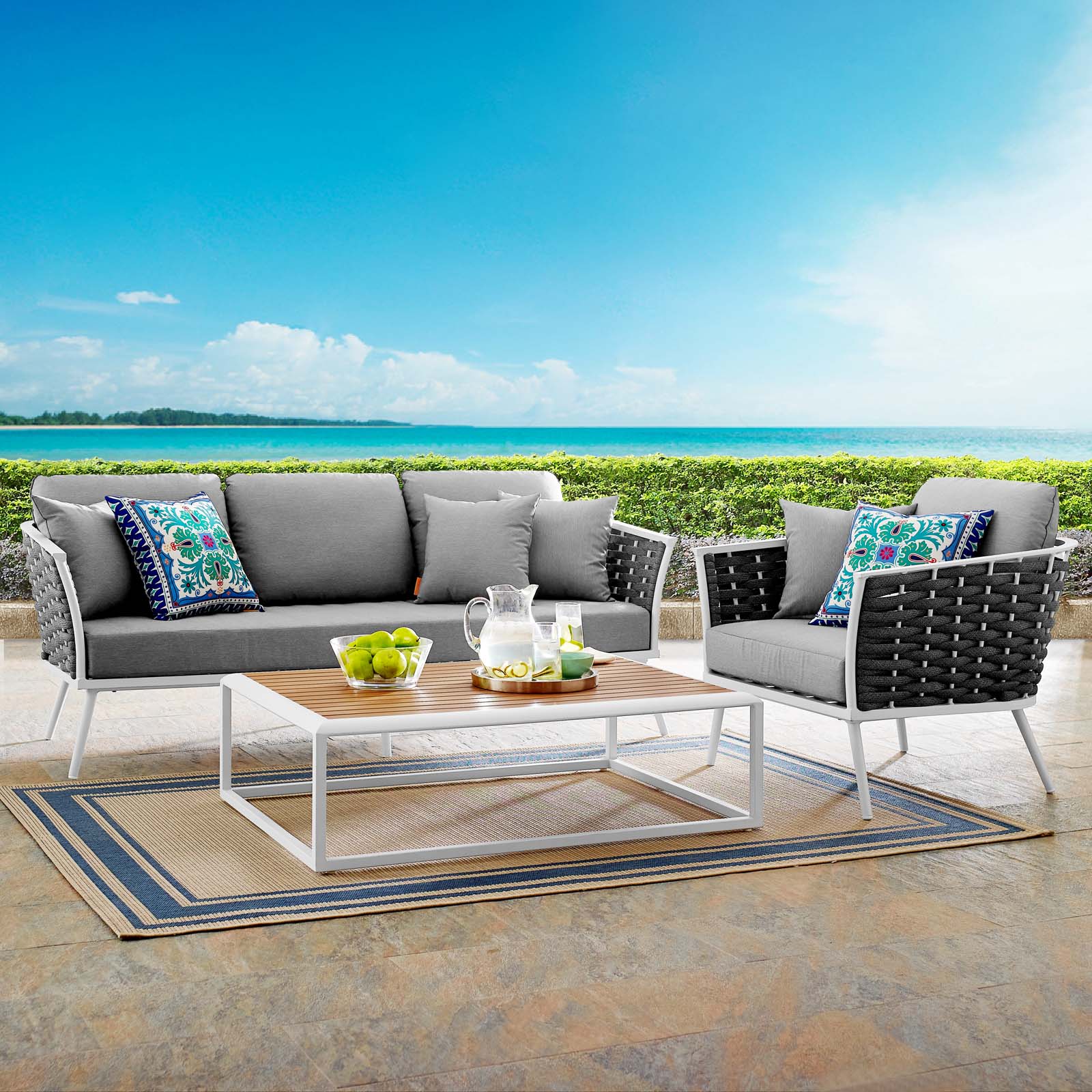 Modern Contemporary Urban Outdoor Patio Balcony Garden Furniture Lounge Chair, Sofa and Table Set, Fabric Aluminium, White Grey Gray - image 2 of 8