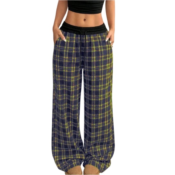 Nokdvo Womens Track Pants Lightweight Drawstring Plaid Loose Fit Sweatpants Fall Winter Waist Color Block Casual Track Pants with Pockets,Yellow XL