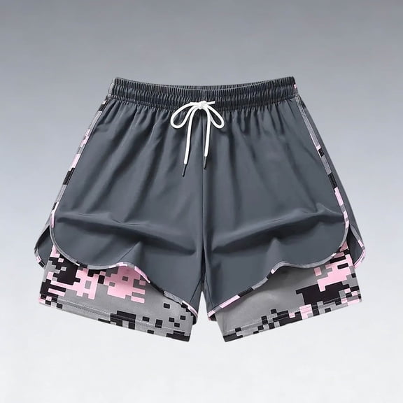 Women's 2-in-1 Athletic Shorts, Camo Lined Running Shorts with Drawstring Waist, Anti-Chafe Workout Shorts with Pockets, 8 Colors, XS-XXL