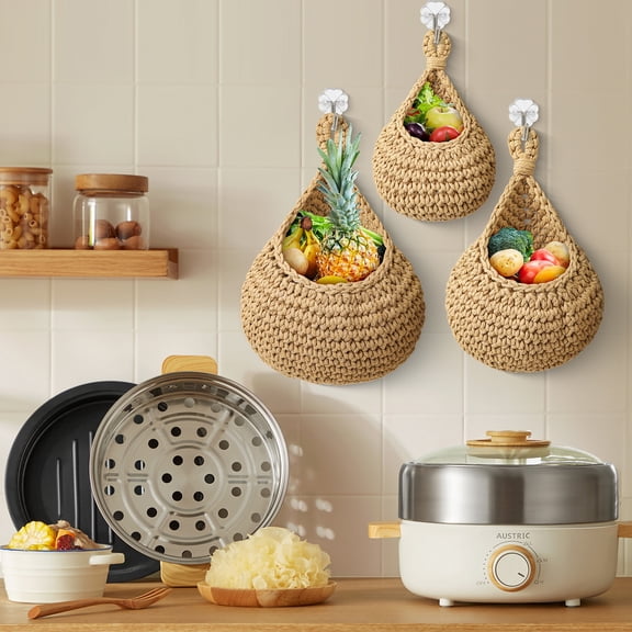Hanging Fruit Baskets for Kitchen 3 Pack Boho Jute Wall Hanging Fruit Basket Handwoven Teardrop Hanging Pantry Baskets for Fruits Vegetable Basket Potato Onion Storage Set of 3 7.1 inch