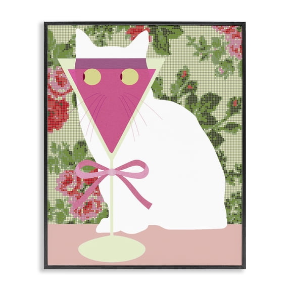 Stupell Industries Eclectic White Cat with Pink Martini Black Framed Giclee Art, 11 x 14, by Lil' Rue