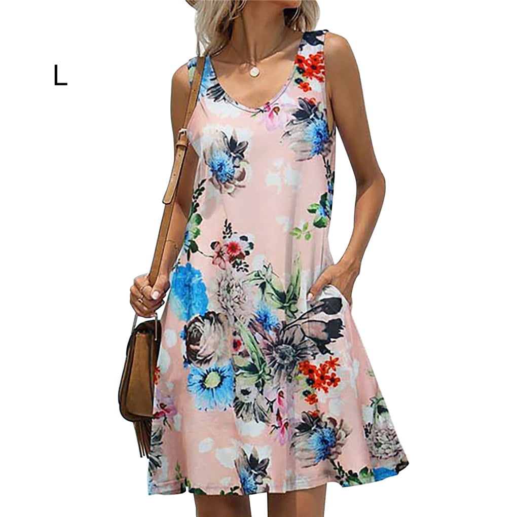 Sunhusing Womens Sling Off-Shoulder Flower Print Tank Top Dress Sleeveless Mini A-Line Beach Sundress 
