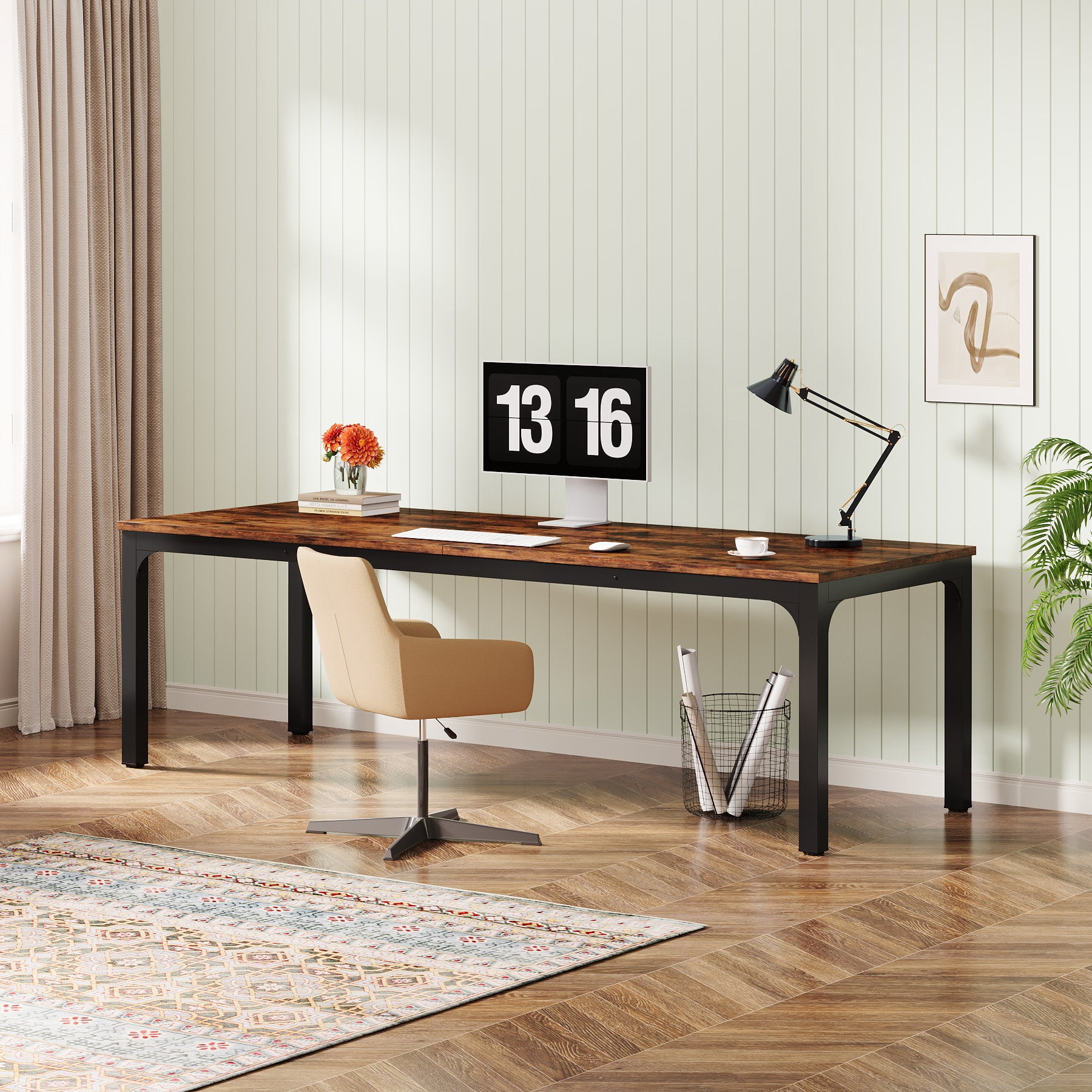 Fnova 78.7" Modern Computer Desk with Wood Desktop, Metal Frame Office Desk, Rustic Brown
