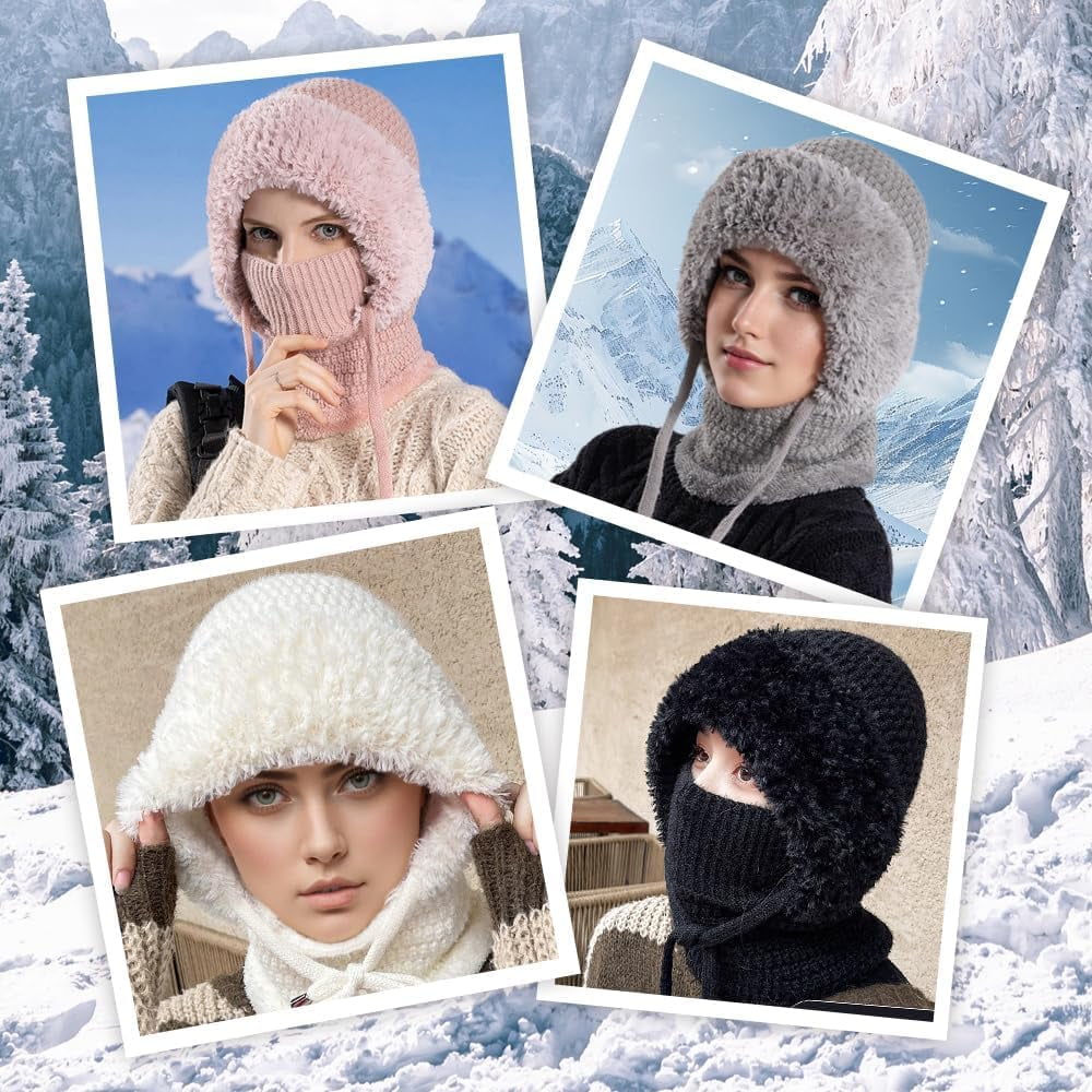3 in 1 Beanie Hat with Scarf and Mask,3 in 1 Beanie Hat for Women, Knitted Ski Scarf and Mask Set Balaclava Women Face Cover