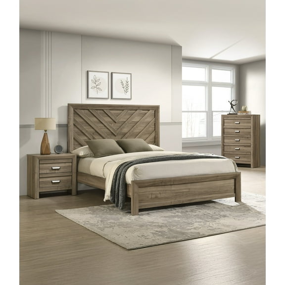 3pc Chevron-patterned Brown Finish Queen Size Bed Chest Nightstand Set Wooden