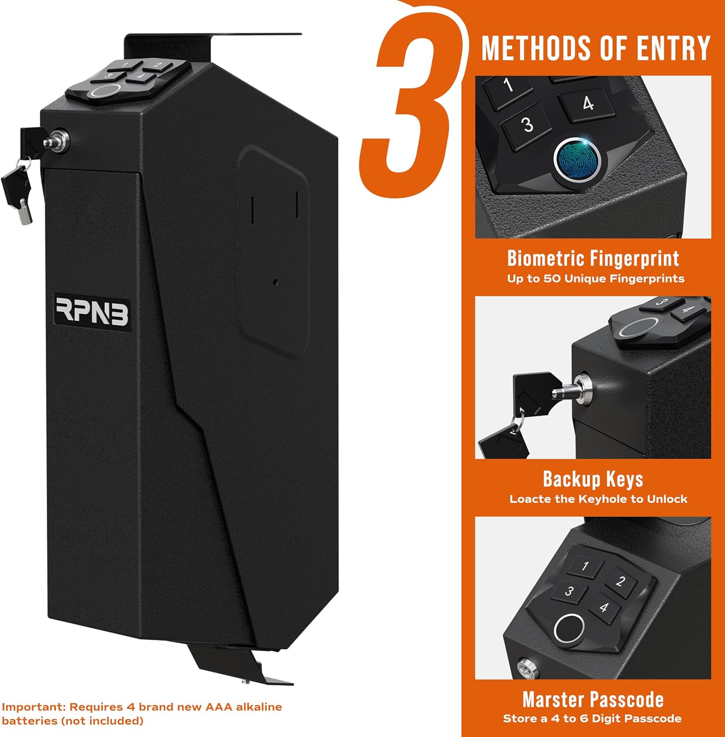RPNB Mounted Biometric Gun Safe 3 Access Ways for 1 Pistol